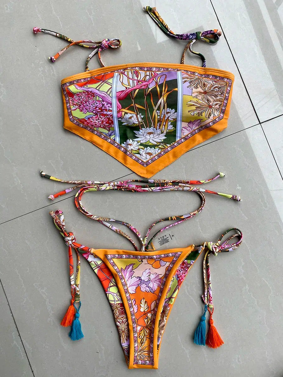 Y2K Floral Bandana Scarf Bikini Set - Retro Indie Summer Swimwear