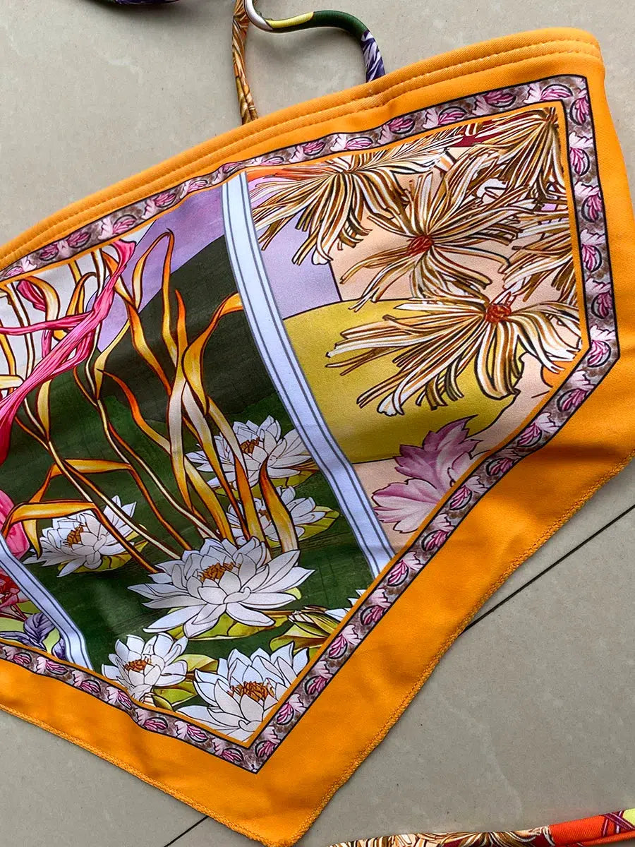 Y2K Floral Bandana Scarf Bikini Set - Retro Indie Summer Swimwear