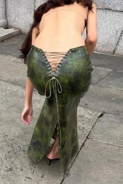 Y2K Grunge Baddie Leaf Lace Up Split Maxi Skirt - Retro 90s Fashion Statement