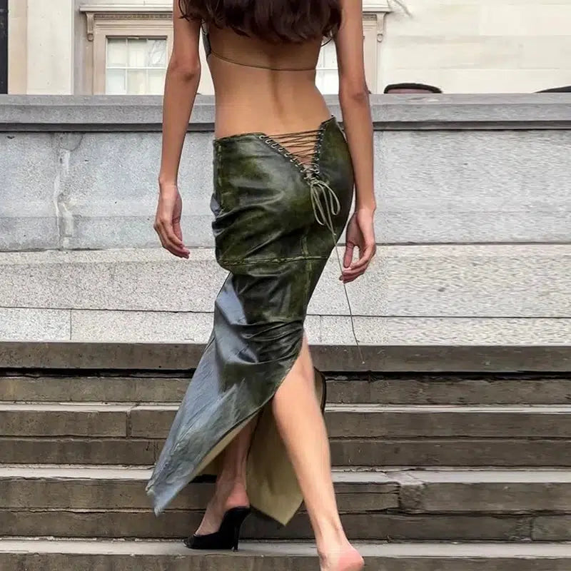 Y2K Grunge Baddie Leaf Lace Up Split Maxi Skirt - Retro 90s Fashion Statement