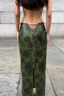 Y2K Grunge Baddie Leaf Lace Up Split Maxi Skirt - Retro 90s Fashion Statement