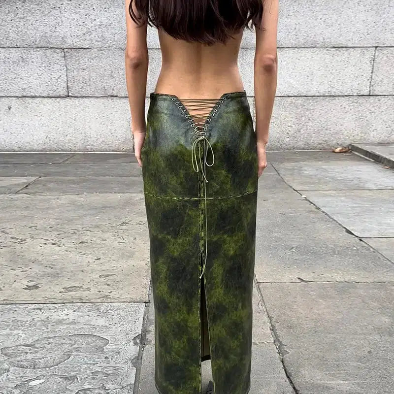 Y2K Grunge Baddie Leaf Lace Up Split Maxi Skirt - Retro 90s Fashion Statement