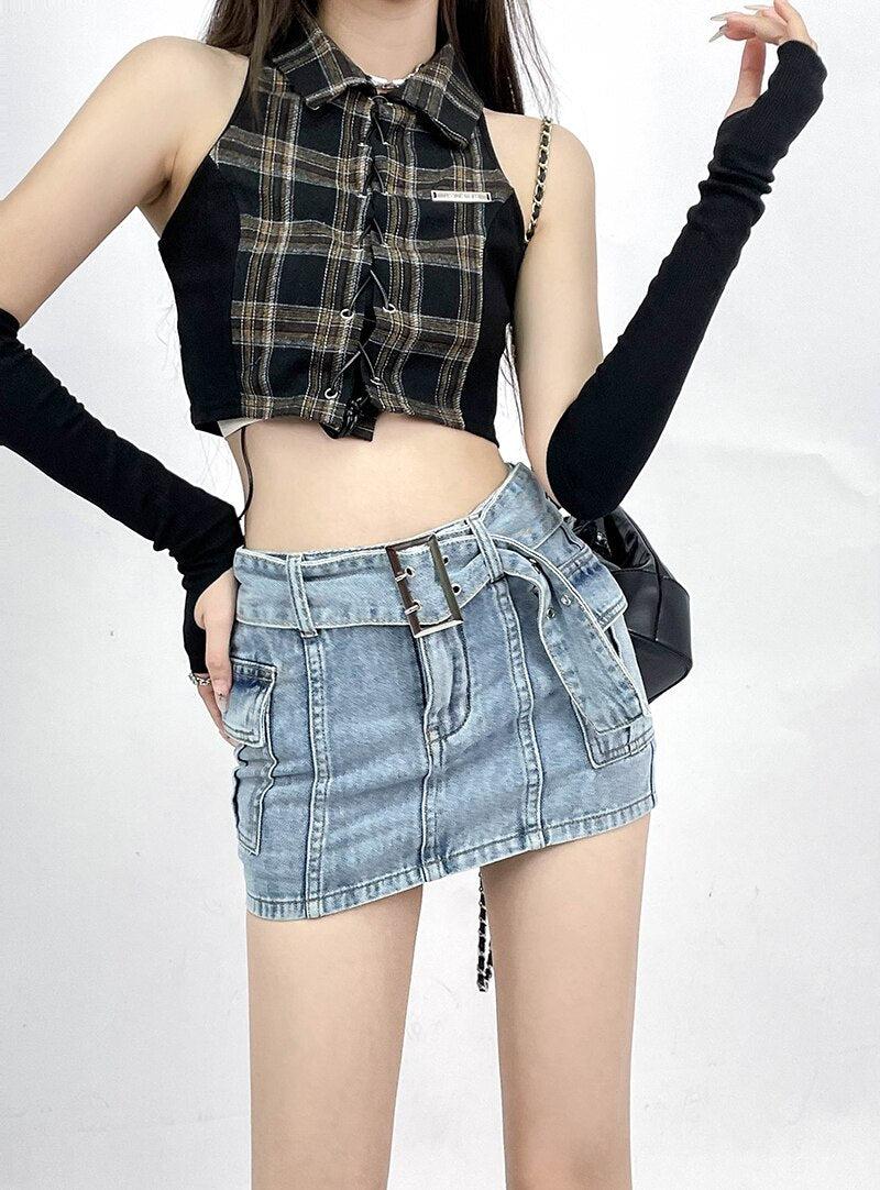 Y2K Grunge Cargo Jean Mini Skort - Retro 90s Fashion for Trendy Summer Outfits