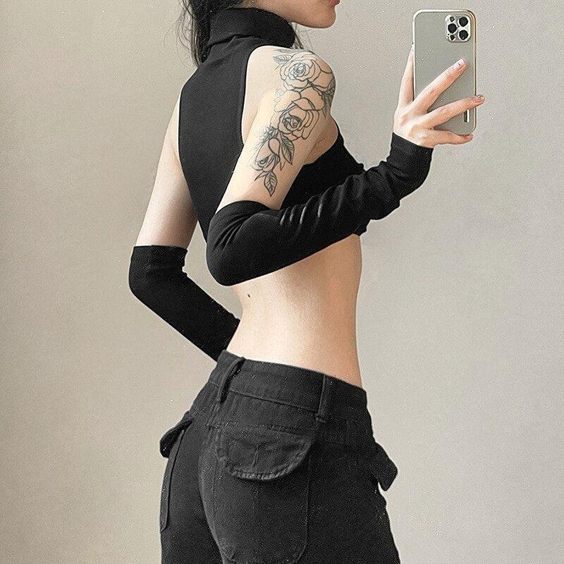 Y2K Grunge Detachable Sleeved Turtleneck Halter Top - Retro 90s Fashion