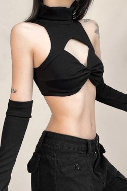 Y2K Grunge Detachable Sleeved Turtleneck Halter Top - Retro 90s Fashion