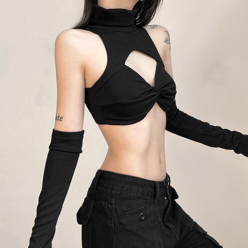 Y2K Grunge Detachable Sleeved Turtleneck Halter Top - Retro 90s Fashion