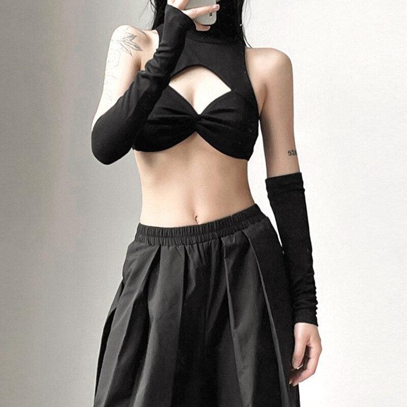 Y2K Grunge Detachable Sleeved Turtleneck Halter Top - Retro 90s Fashion