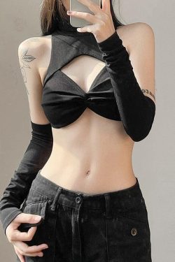 Y2K Grunge Detachable Sleeved Turtleneck Halter Top - Retro 90s Fashion