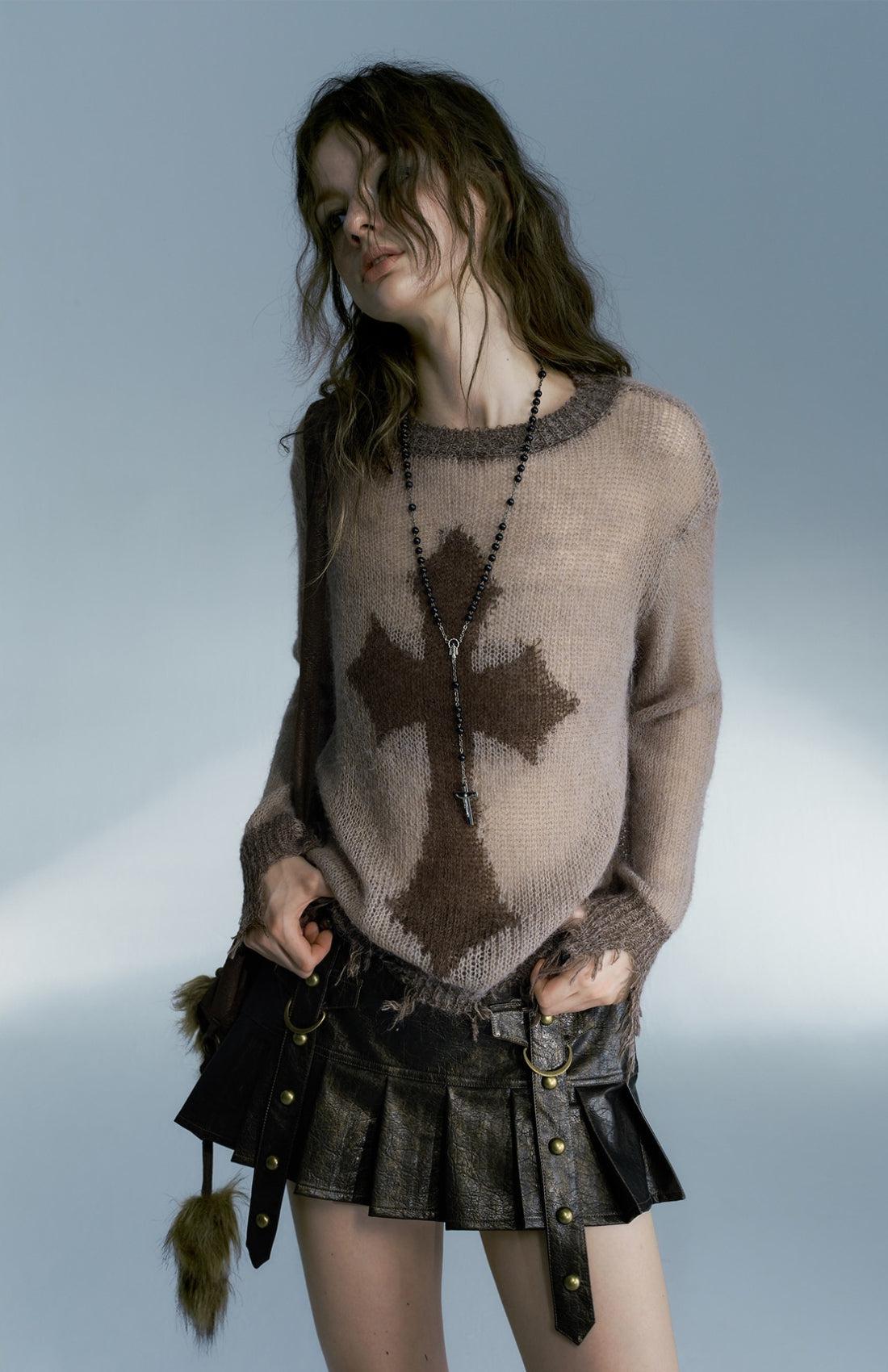 Y2K Grunge Distressed Cross Sweater - Retro 90s Fashion Statement
