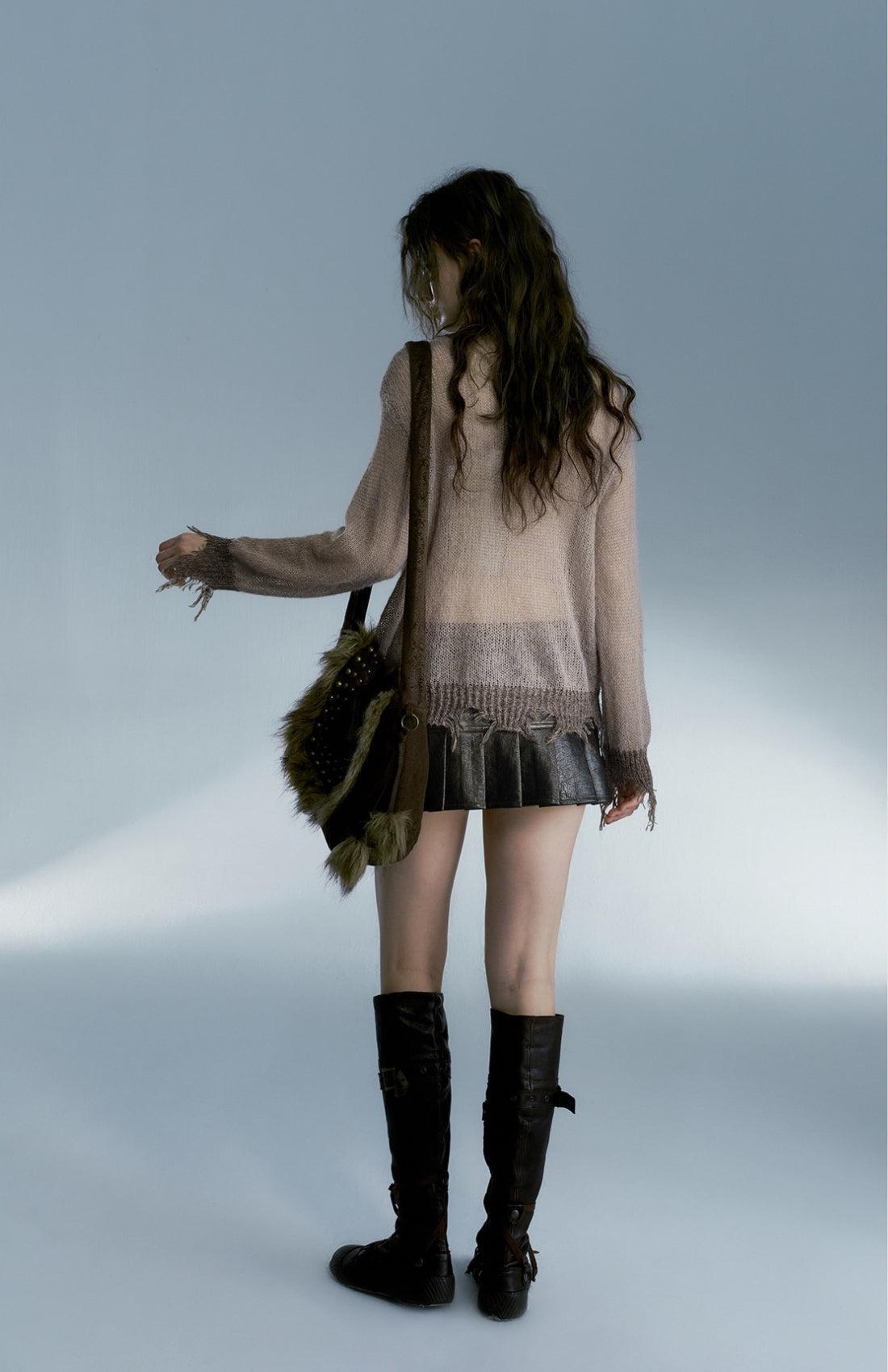 Y2K Grunge Distressed Cross Sweater - Retro 90s Fashion Statement