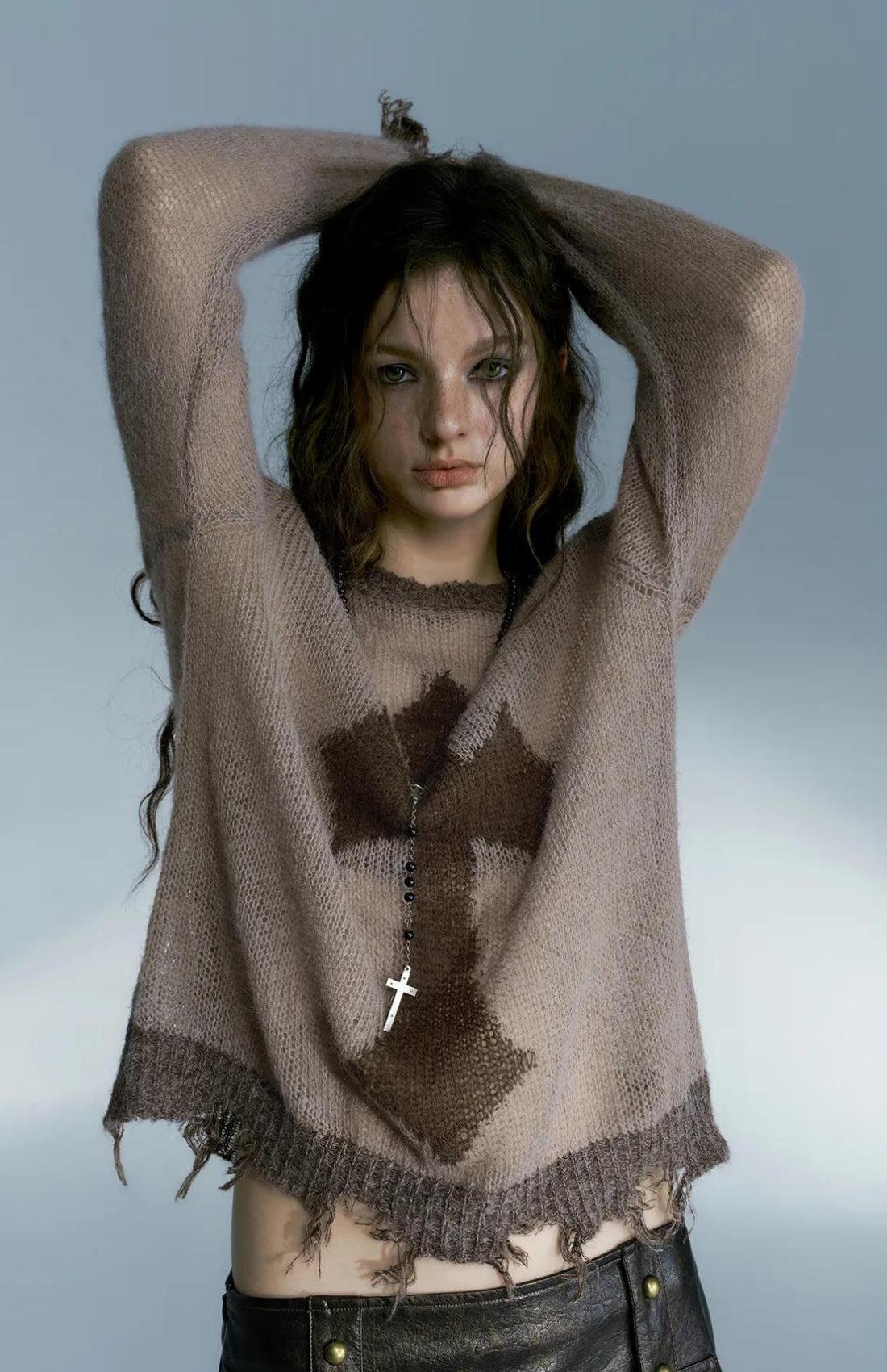 Y2K Grunge Distressed Cross Sweater - Retro 90s Fashion Statement