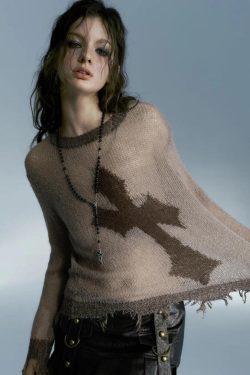 Y2K Grunge Distressed Cross Sweater - Retro 90s Fashion Statement