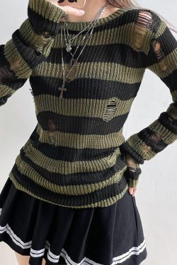Y2K Grunge Distressed Striped Sweater - Retro 90s Fashion Statement