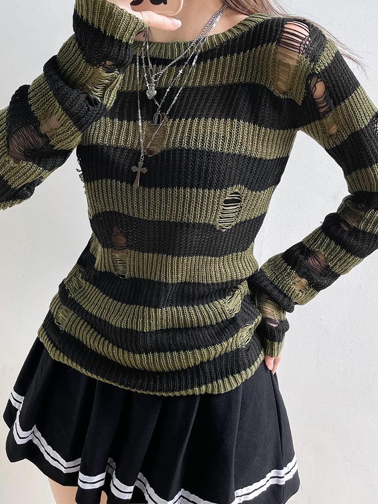 Y2K Grunge Distressed Striped Sweater - Retro 90s Fashion Statement