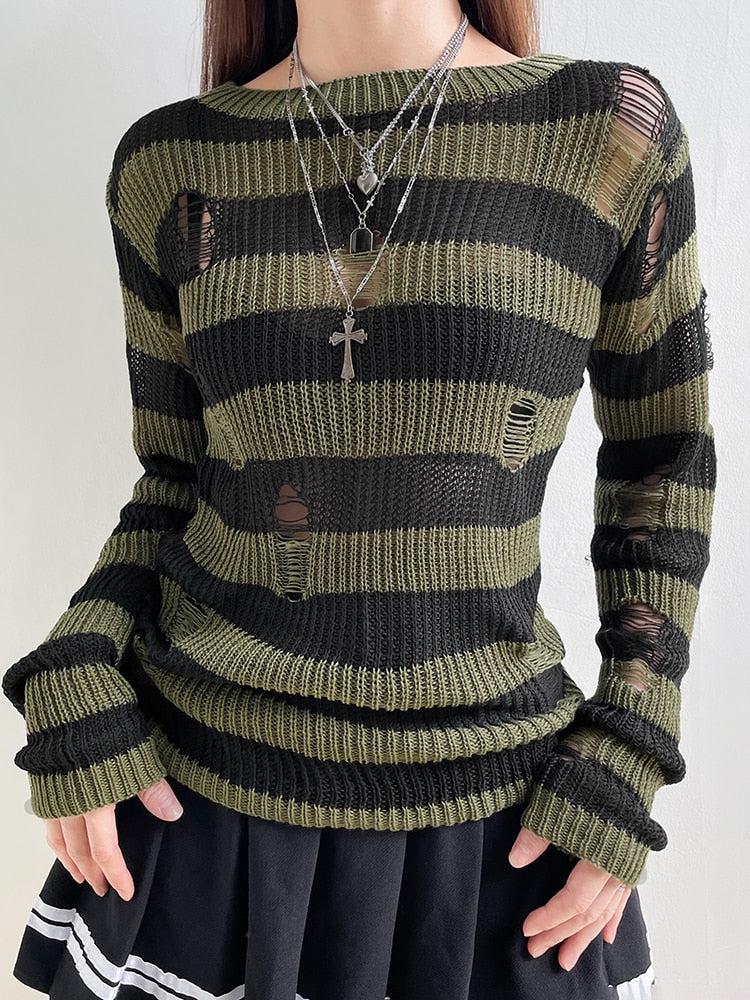 Y2K Grunge Distressed Striped Sweater - Retro 90s Fashion Statement