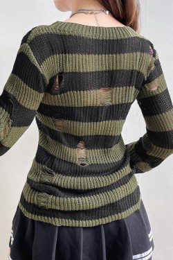 Y2K Grunge Distressed Striped Sweater - Retro 90s Fashion Statement