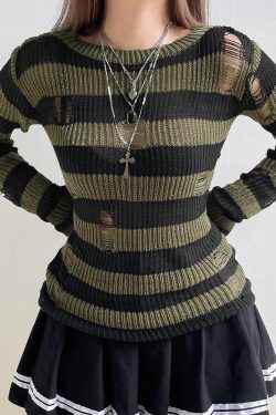 Y2K Grunge Distressed Striped Sweater - Retro 90s Fashion Statement