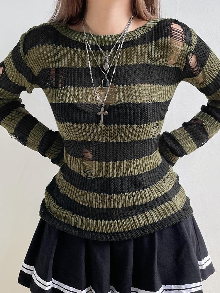 Y2K Grunge Distressed Striped Sweater - Retro 90s Fashion Statement