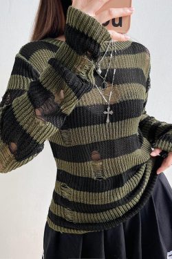 Y2K Grunge Distressed Striped Sweater - Retro 90s Fashion Statement