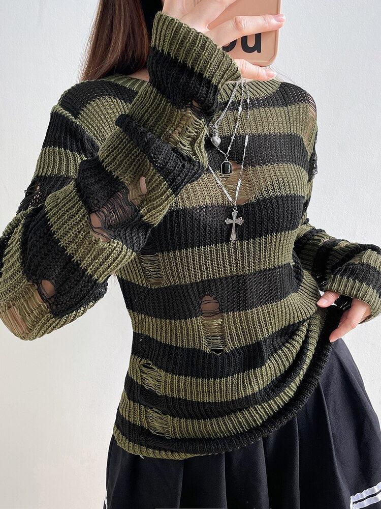 Y2K Grunge Distressed Striped Sweater - Retro 90s Fashion Statement