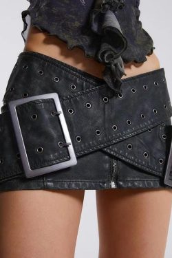 Y2K Grunge Faux Leather Mini Skirt with Cross Belt - Retro 90s Club Outfit