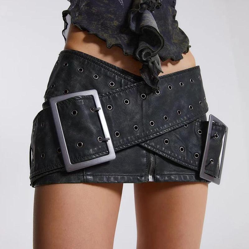 Y2K Grunge Faux Leather Mini Skirt with Cross Belt - Retro 90s Club Outfit