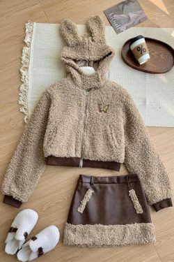 Y2K Grunge Rabbit Hood Teddy Two Piece Set - Retro Style 90s Fashion Outfit