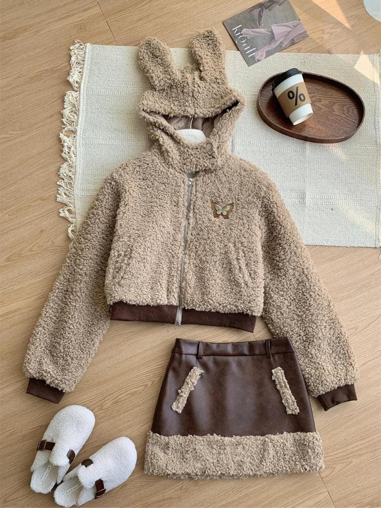 Y2K Grunge Rabbit Hood Teddy Two Piece Set - Retro Style 90s Fashion Outfit