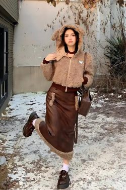Y2K Grunge Rabbit Hood Teddy Two Piece Set - Retro Style 90s Fashion Outfit