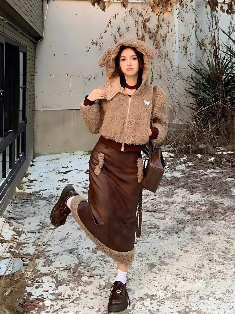 Y2K Grunge Rabbit Hood Teddy Two Piece Set - Retro Style 90s Fashion Outfit