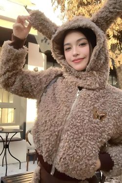 Y2K Grunge Rabbit Hood Teddy Two Piece Set - Retro Style 90s Fashion Outfit