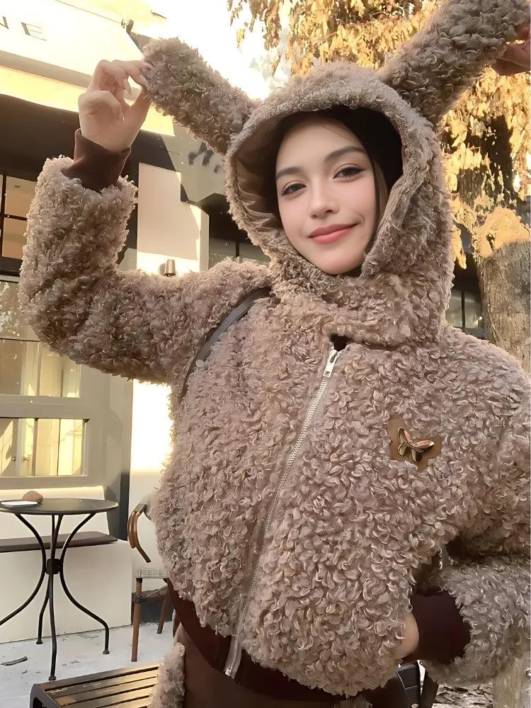 Y2K Grunge Rabbit Hood Teddy Two Piece Set - Retro Style 90s Fashion Outfit
