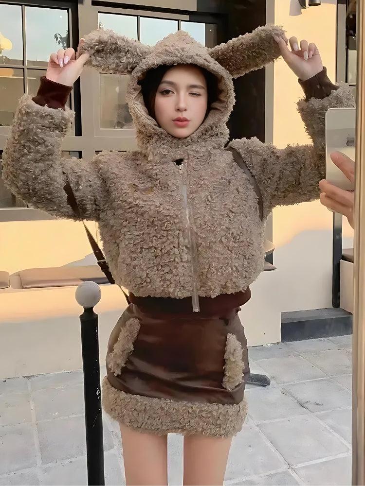 Y2K Grunge Rabbit Hood Teddy Two Piece Set - Retro Style 90s Fashion Outfit