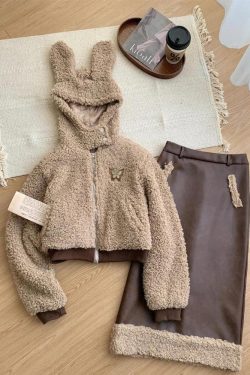 Y2K Grunge Rabbit Hood Teddy Two Piece Set - Retro Style 90s Fashion Outfit