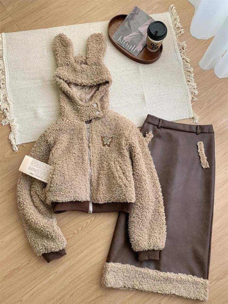 Y2K Grunge Rabbit Hood Teddy Two Piece Set - Retro Style 90s Fashion Outfit