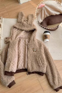 Y2K Grunge Rabbit Hood Teddy Two Piece Set - Retro Style 90s Fashion Outfit