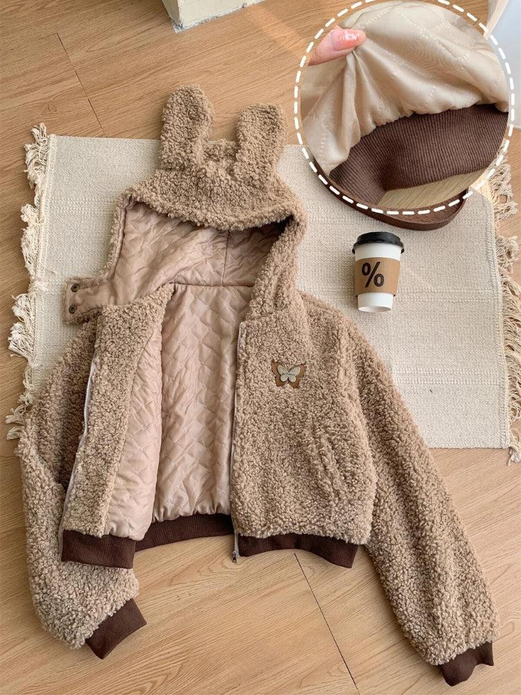 Y2K Grunge Rabbit Hood Teddy Two Piece Set - Retro Style 90s Fashion Outfit