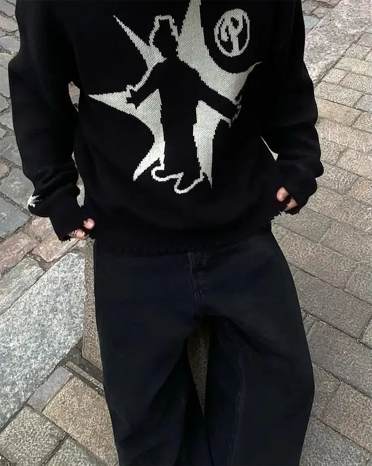 Y2K Grunge Starboy Distressed Knitted Sweater - Retro 90s Fashion Statement
