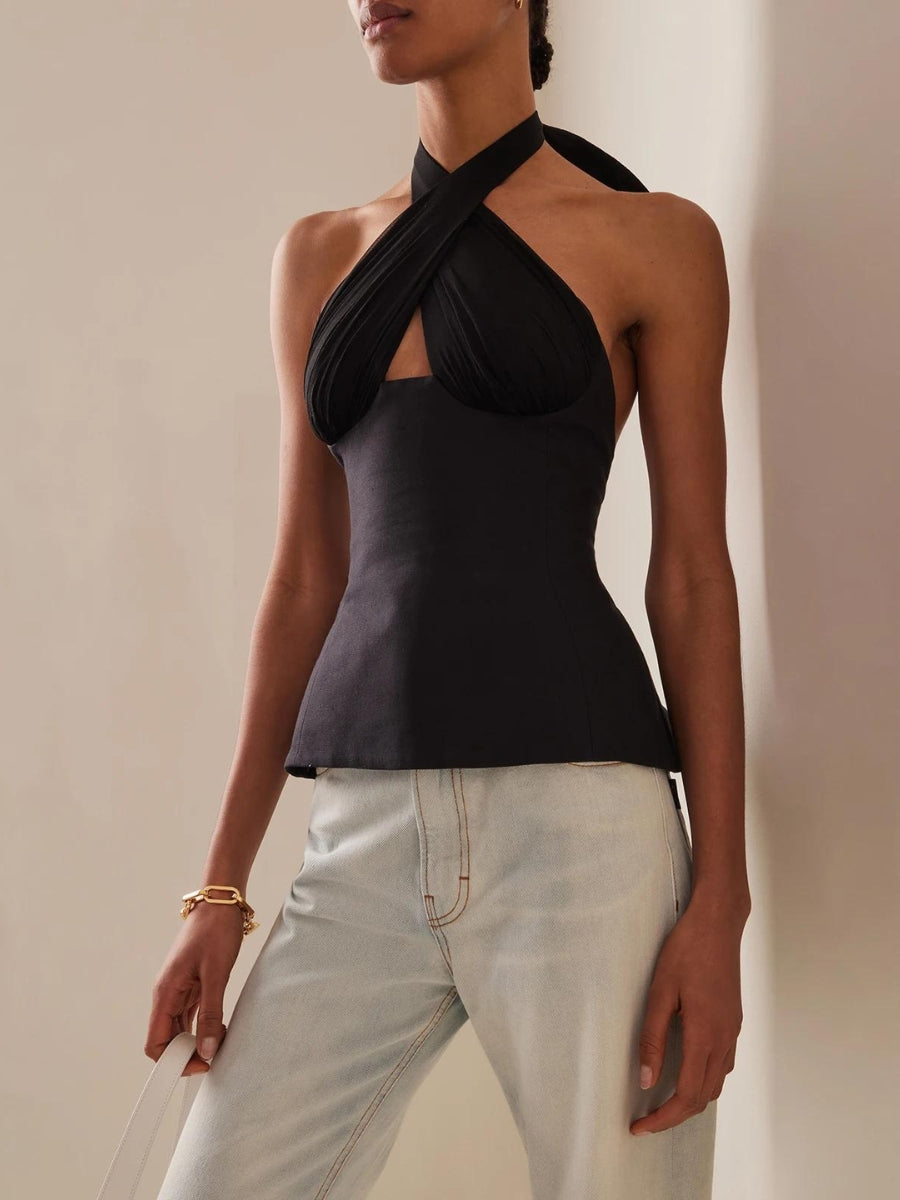 Y2K Halter Neck Lace Up Ruched Top - Retro 90s Fashion Statement