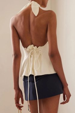 Y2K Halter Neck Lace Up Ruched Top - Retro 90s Fashion Statement