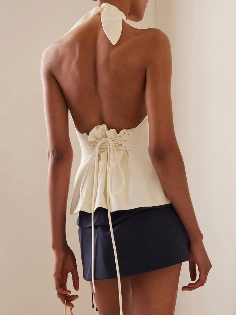 Y2K Halter Neck Lace Up Ruched Top - Retro 90s Fashion Statement
