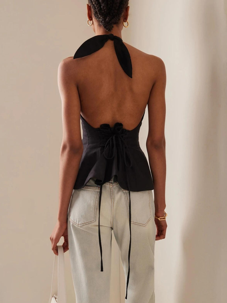 Y2K Halter Neck Lace Up Ruched Top - Retro 90s Fashion Statement