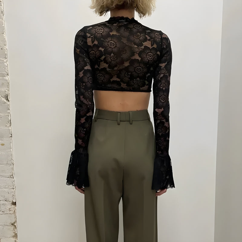 Y2K Lace Flare Cuffs Crop Top - Retro 90s Fashion Grunge Style