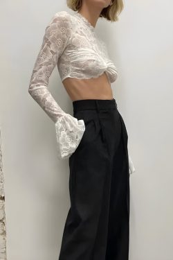 Y2K Lace Flare Cuffs Crop Top - Retro 90s Fashion Grunge Style