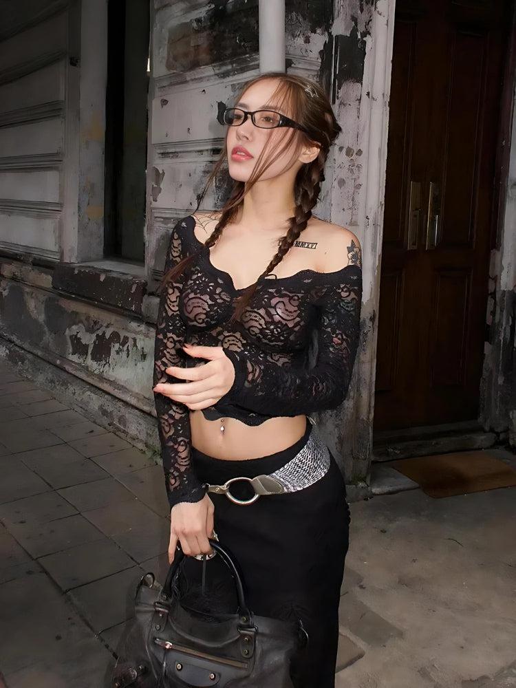Y2K Lace Sheer Off Shoulder Top - Perfect for Retro, Grunge, and 90s Fashion Outfits
