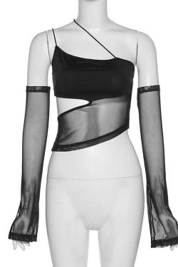 Y2K Mesh Halter Top with Detachable Sleeves - Perfect for Retro and 90s Grunge Outfits