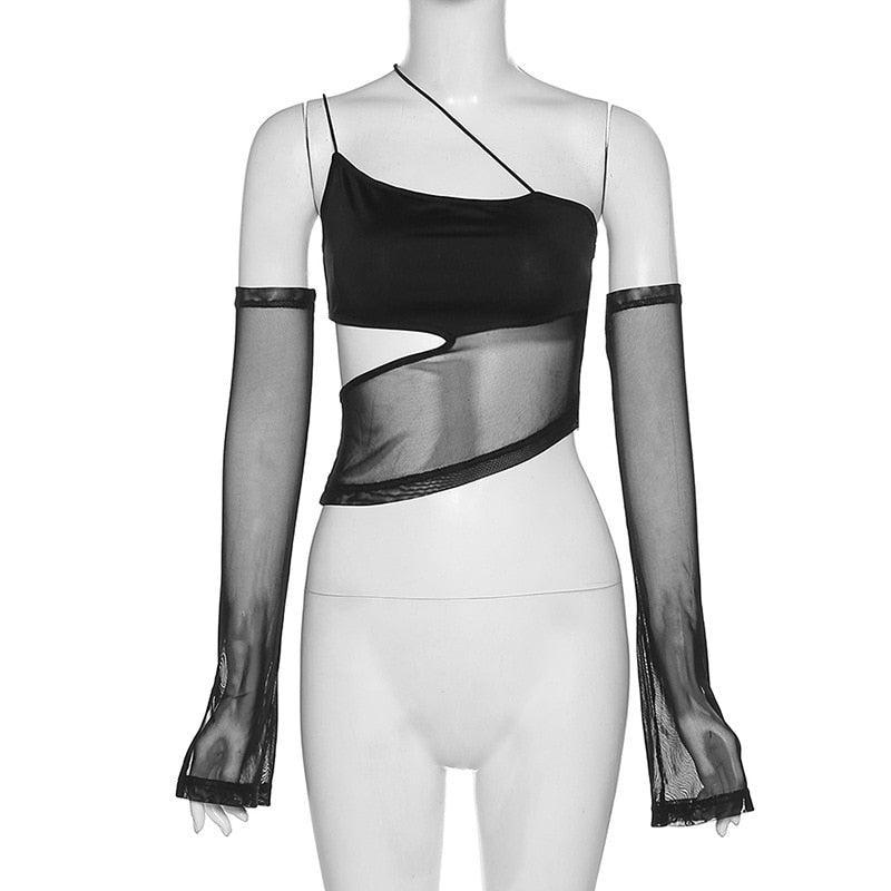Y2K Mesh Halter Top with Detachable Sleeves - Perfect for Retro and 90s Grunge Outfits