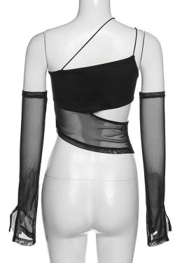 Y2K Mesh Halter Top with Detachable Sleeves - Perfect for Retro and 90s Grunge Outfits