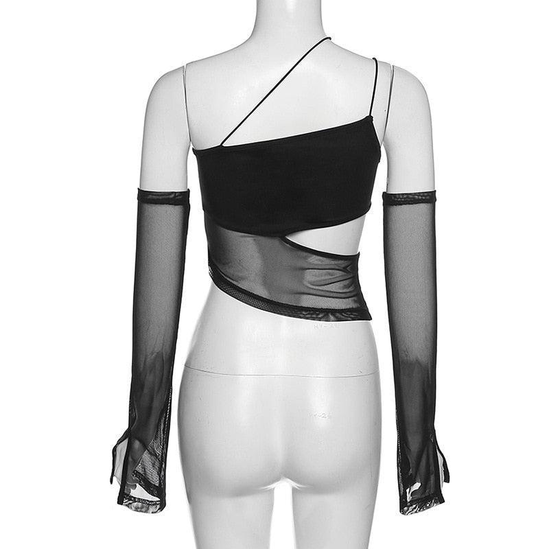 Y2K Mesh Halter Top with Detachable Sleeves - Perfect for Retro and 90s Grunge Outfits