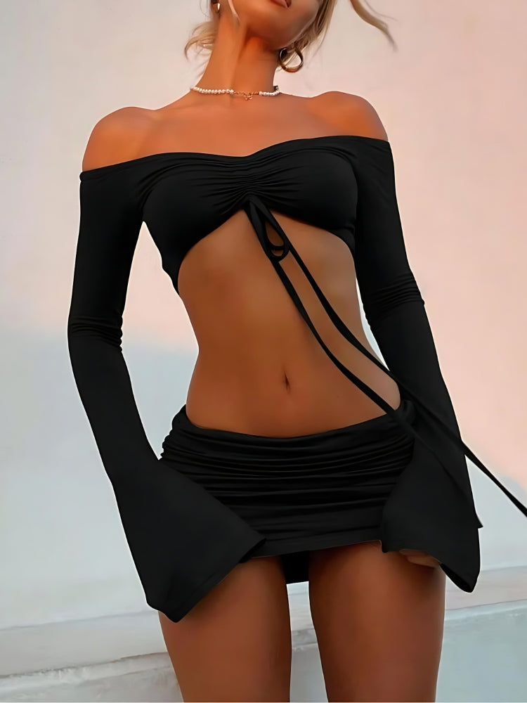 Y2K Off Shoulder Crop Top & Mini Skirt Set - Retro 90s Summer Outfit